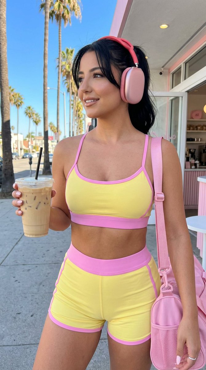 A confident woman in yellow sportswear poses outside a sunny café