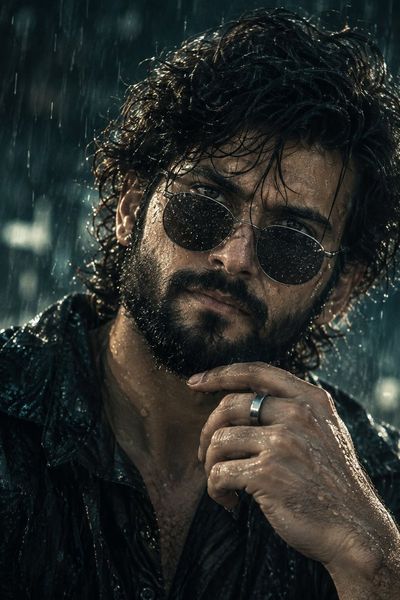 Rain-Soaked Man in Metallic Shades Gazes Intensely Through Storm