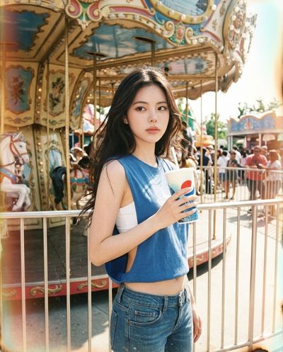 Young woman stands by colorful carousel in faded 90s photograph