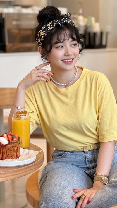 Yellow-clad woman enjoys fruit smoothie at sunlit café table
