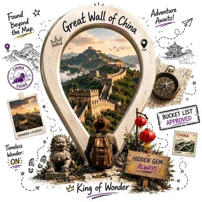 A traveler gazes at Machu Picchu through a vintage map pin