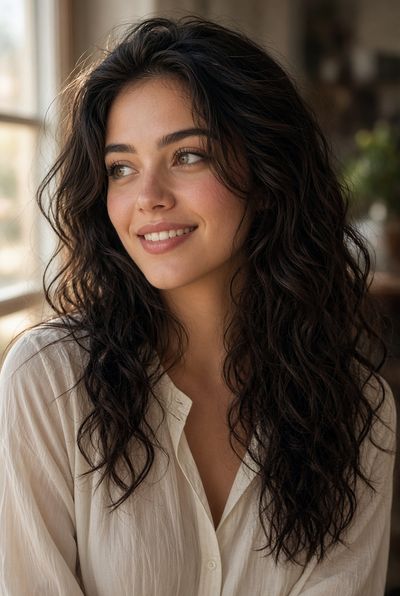 Young woman with dark wavy hair smiles softly in warm light