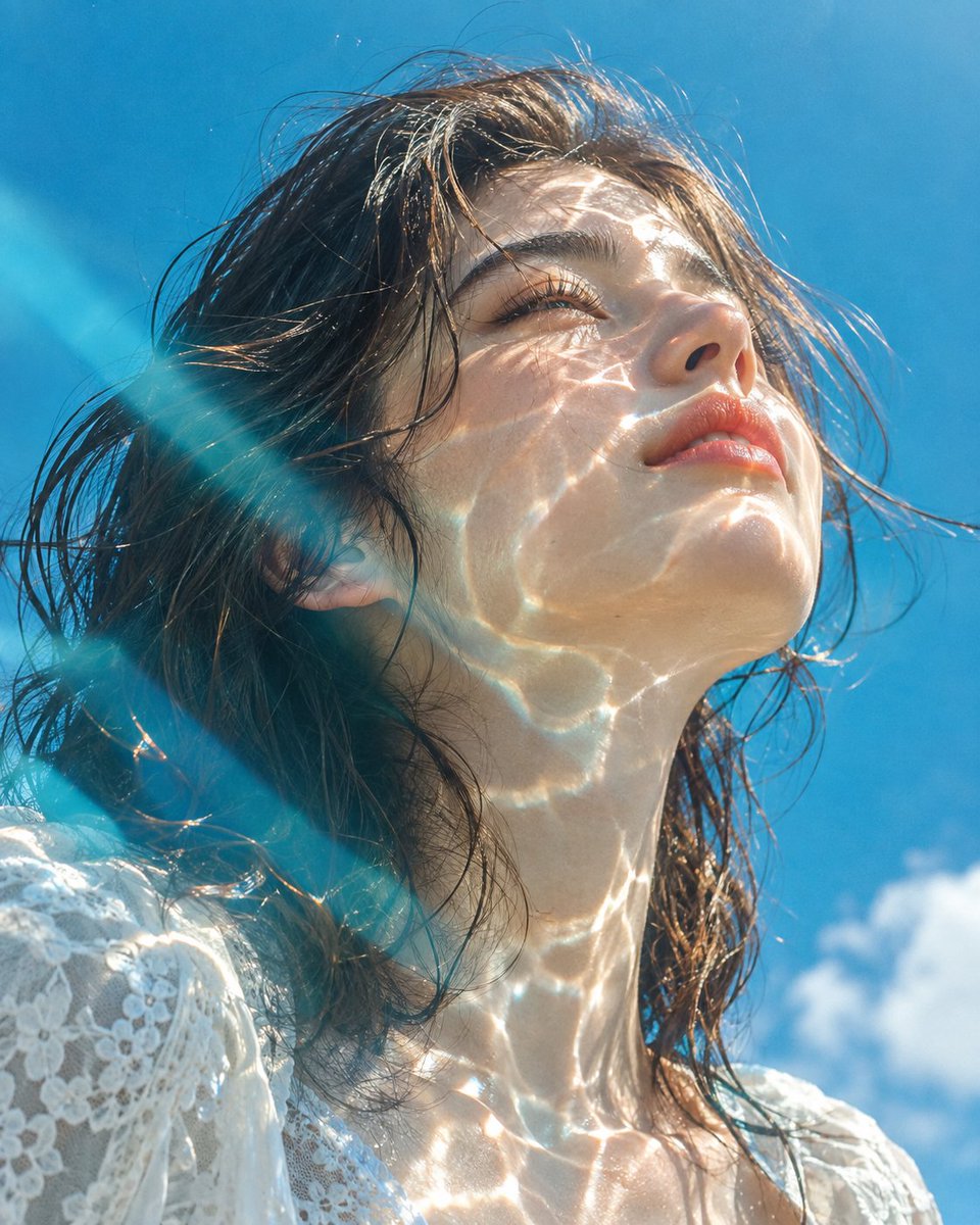 Woman basks in sunlight with water caustics on her face