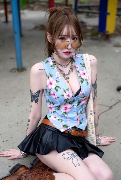 Seductive woman in floral vest poses in abandoned park