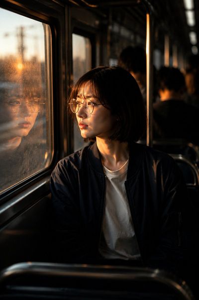 Cinematic Portrait of a Reflective Korean Woman at Sunset