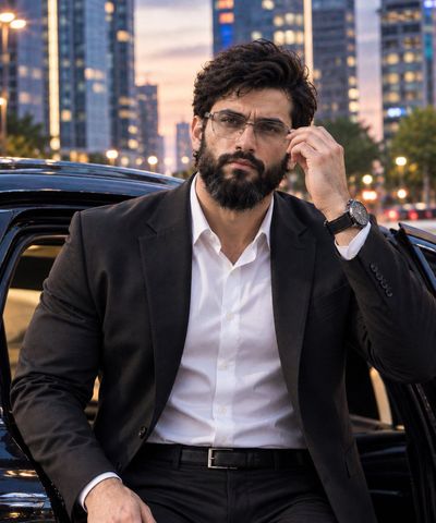 Man steps from luxury car while removing glasses at dusk