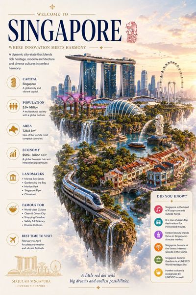 Floating Singapore island glows under golden sunrise with Supertrees