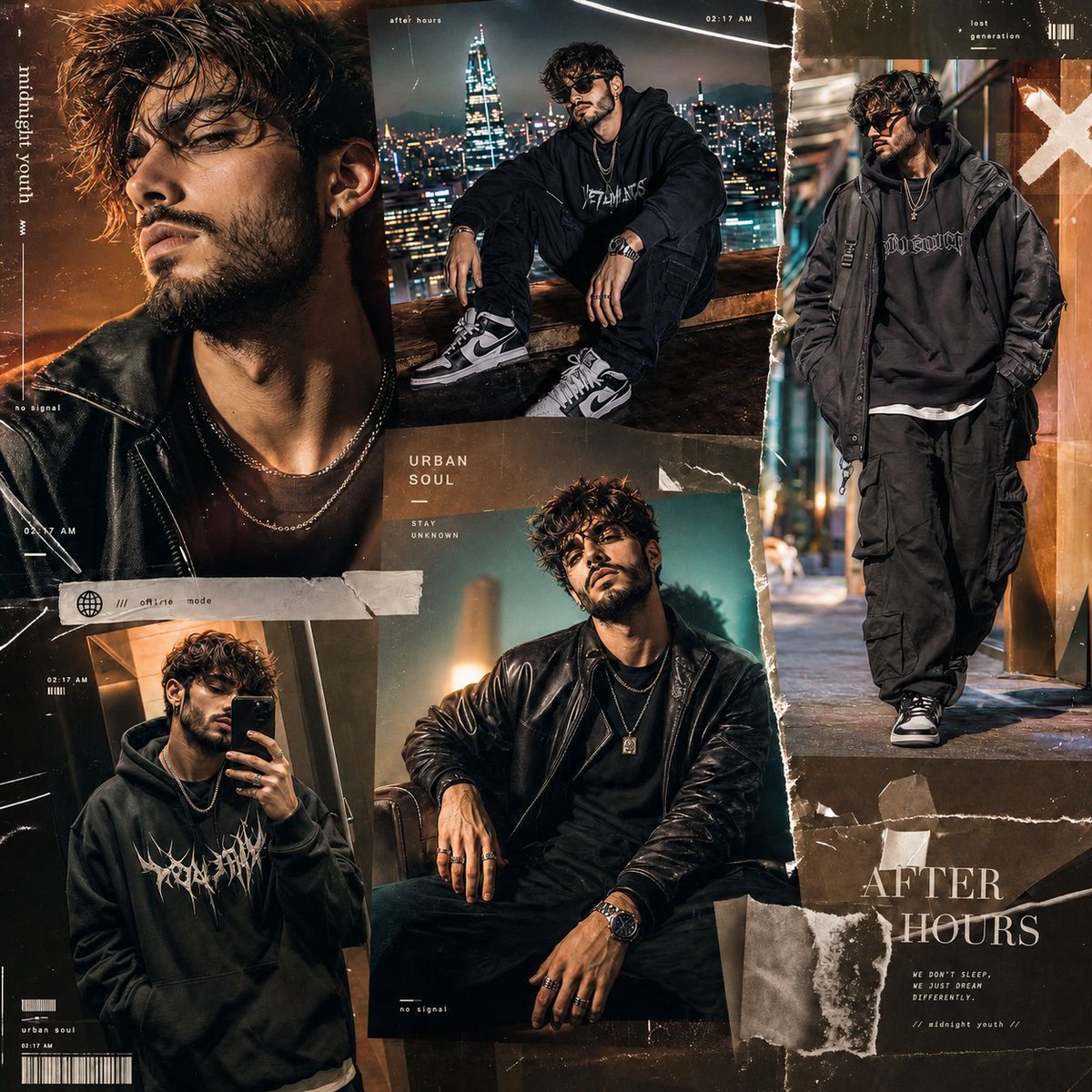 Midnight luxury streetwear model poses in five cinematic frames