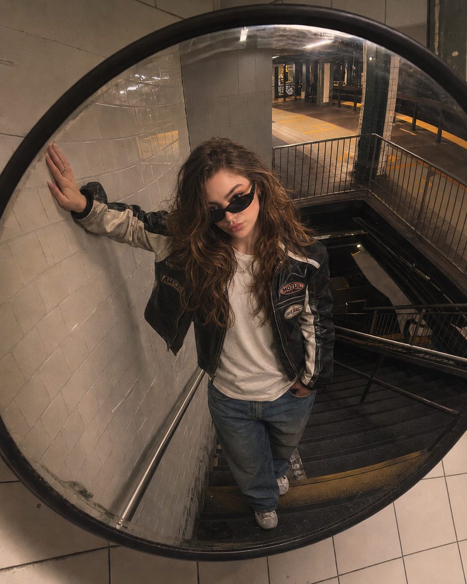 A woman in a leather jacket gazes into a curved security mirror.
