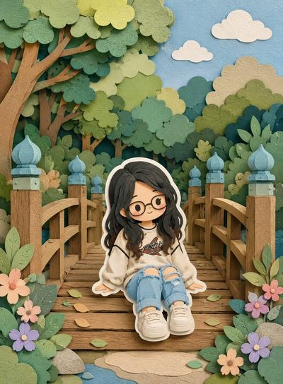 Chibi girl in layered papercraft scene explores whimsical festival wonderland