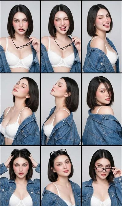 A stunning model poses nine ways in sleek bob and denim jacket