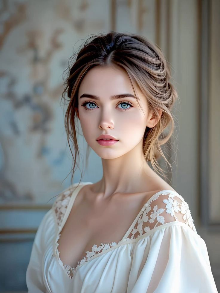A woman with light blue eyes poses in a white dress