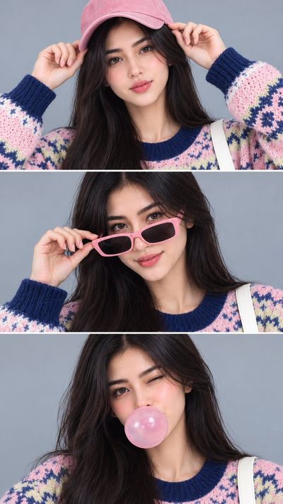 Korean girl in three-panel 3D portrait with playful expressions