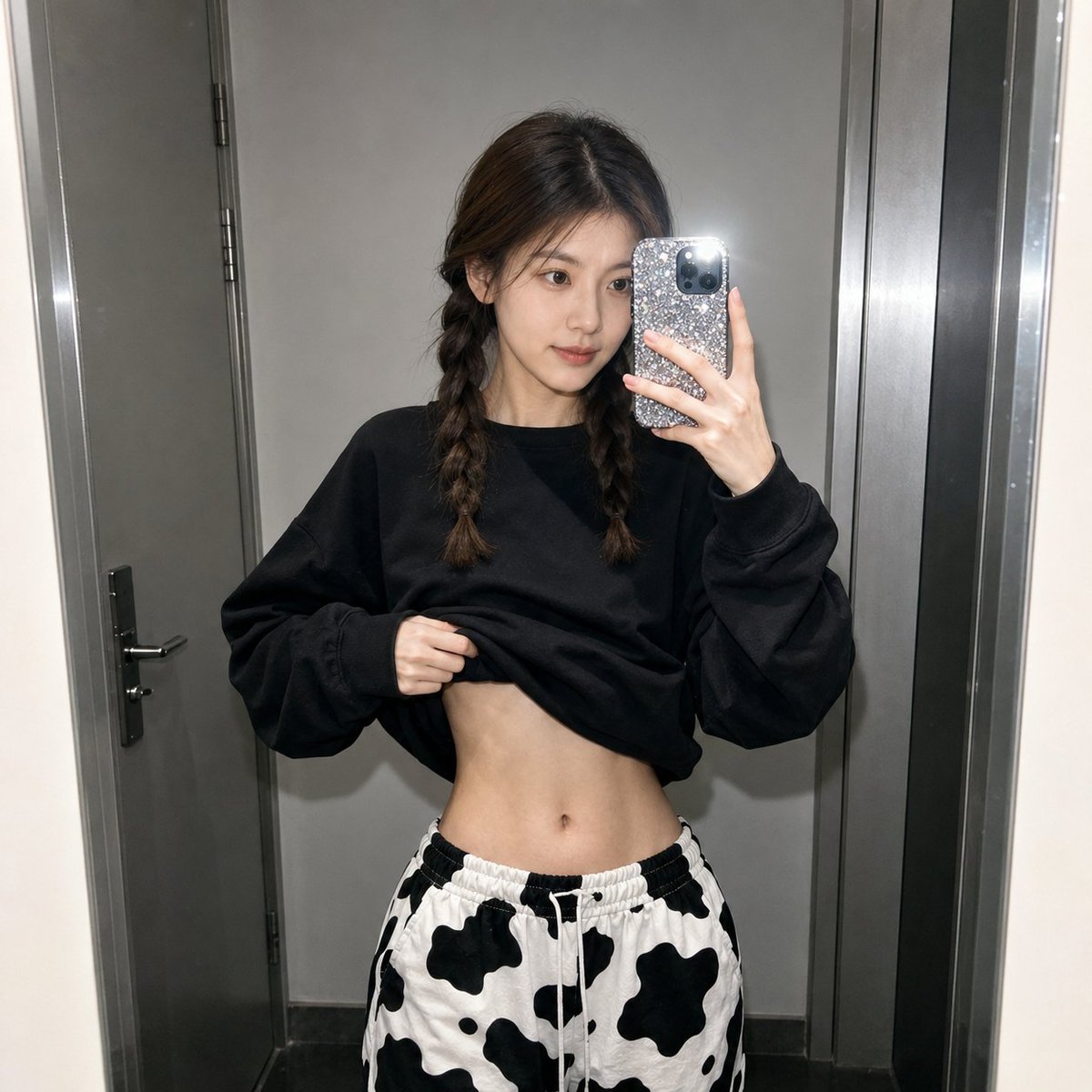 A woman takes a cool-toned mirror selfie in a dim hallway