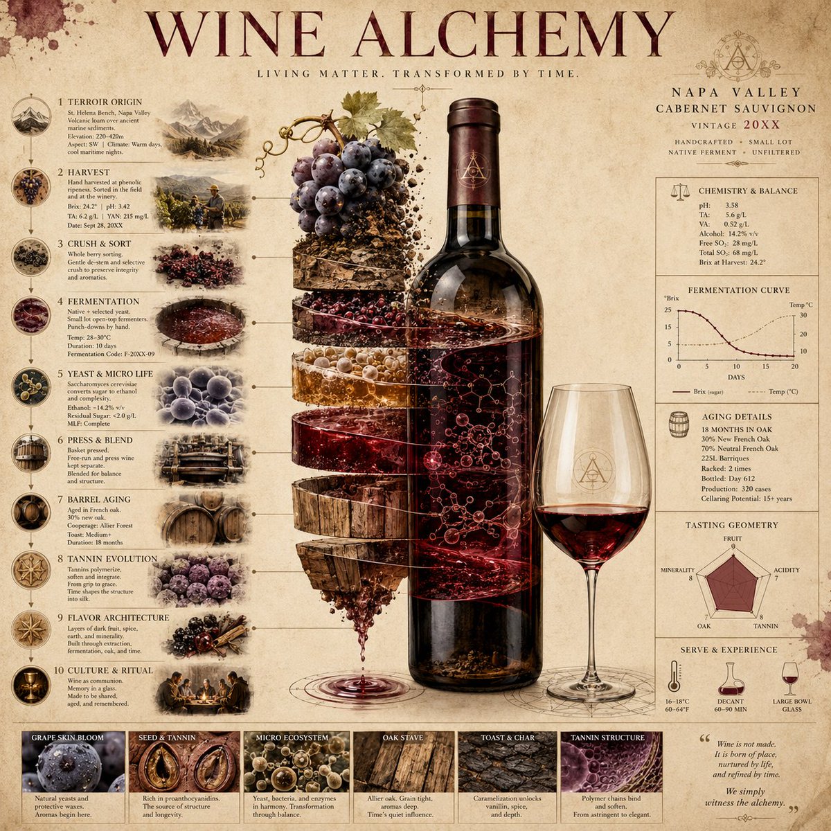 A vertical fermentation poster reveals wine as alchemical hero with layers