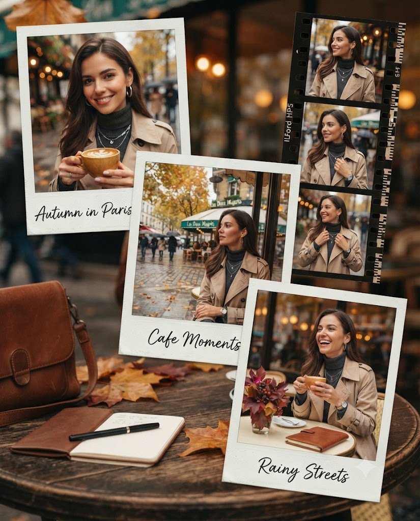 Elegant Autumn Fashion Showcase in a Cozy Parisian Cafe
