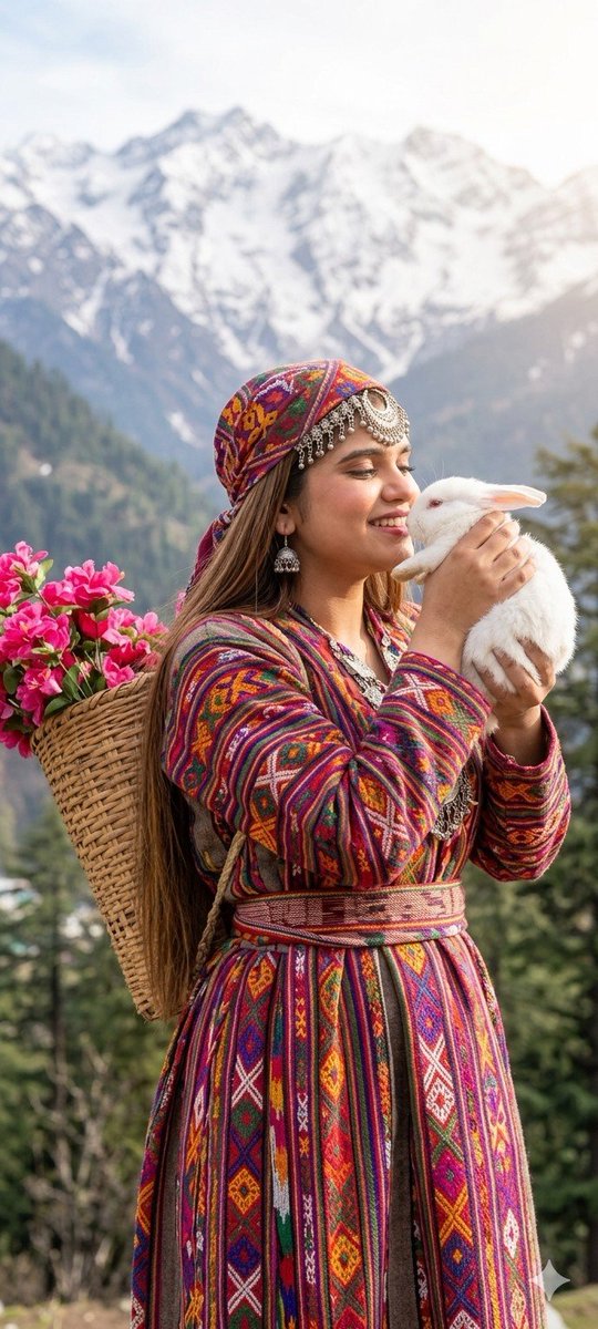 Young woman kisses a rabbit in a mountain meadow