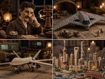 Knitted Nikola Tesla poses beside a cozy yarn Shanghai skyline