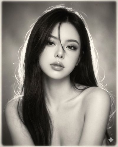 A monochrome glamour portrait with soft halo backlight
