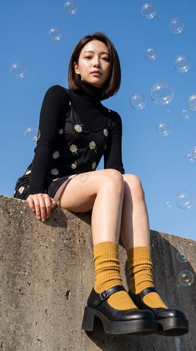 Capturing a Young Woman's Poised Portrait Amidst Floating Bubbles