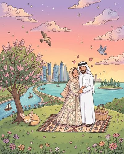 A smiling couple embraces on a rug overlooking coastal cityscape at sunset