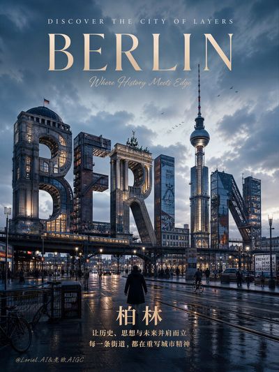 Berlin's iconic landmarks form monumental typography in twilight cityscape