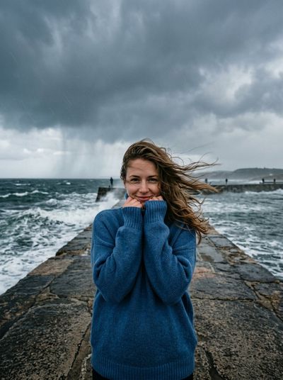 Blonde woman in blue sweater smiles on stormy pier
