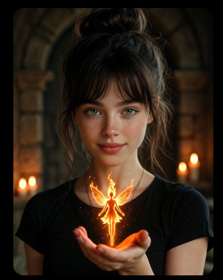 A woman holds a fiery fairy in dark candlelit ruins
