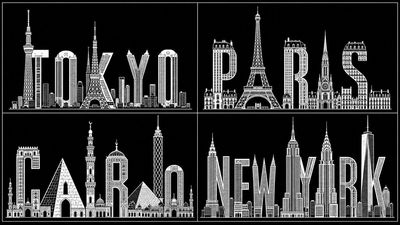 Black and white typography morphs into Tokyo skyline silhouette
