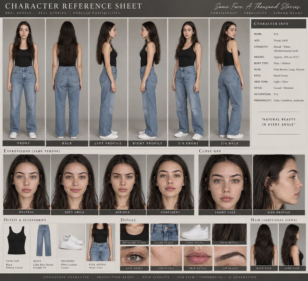 Professional Character Reference Sheet for Cinematic AI Identity Lock
