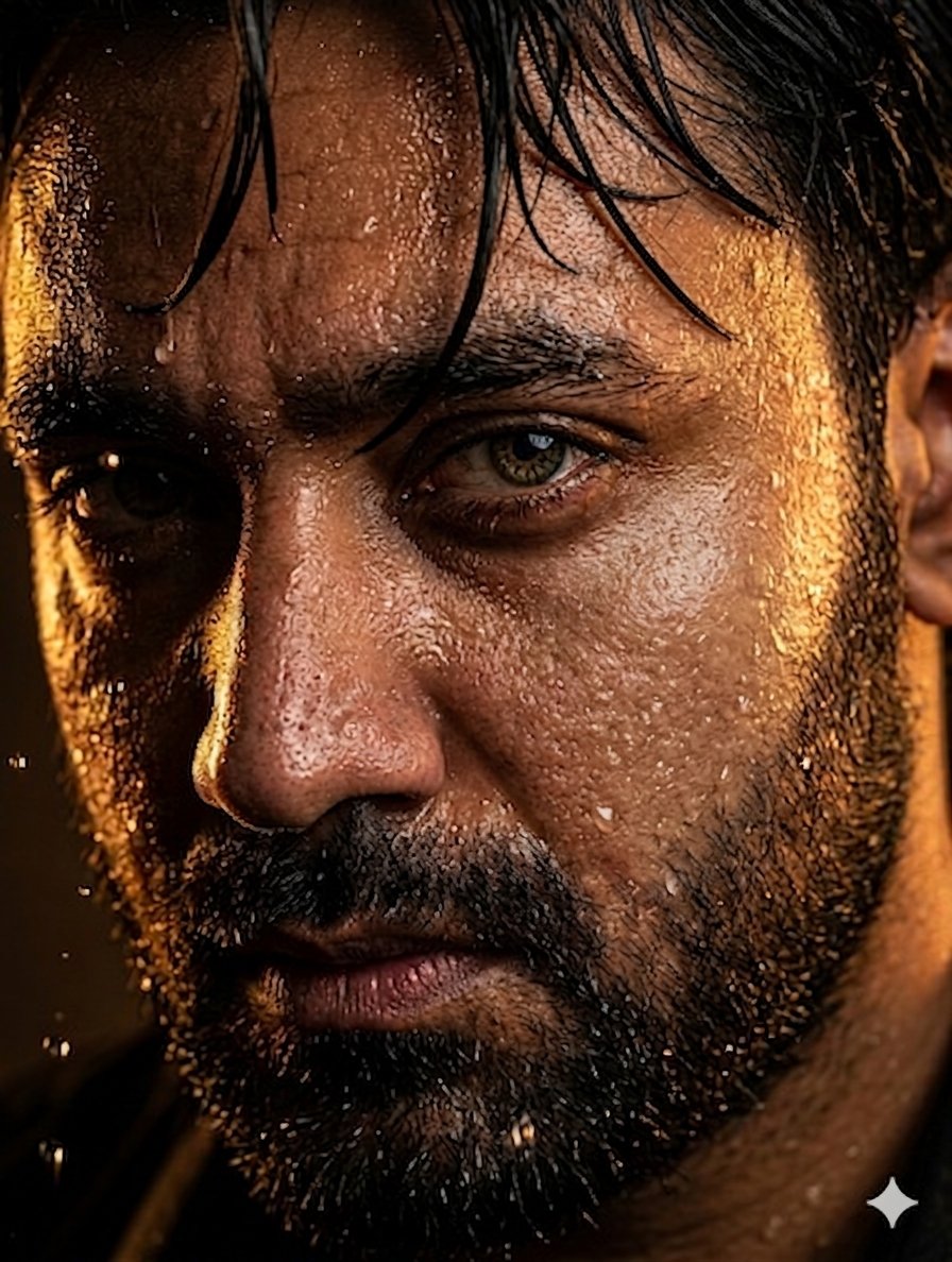 Warm golden light reveals moisture on a rugged man's intense eye