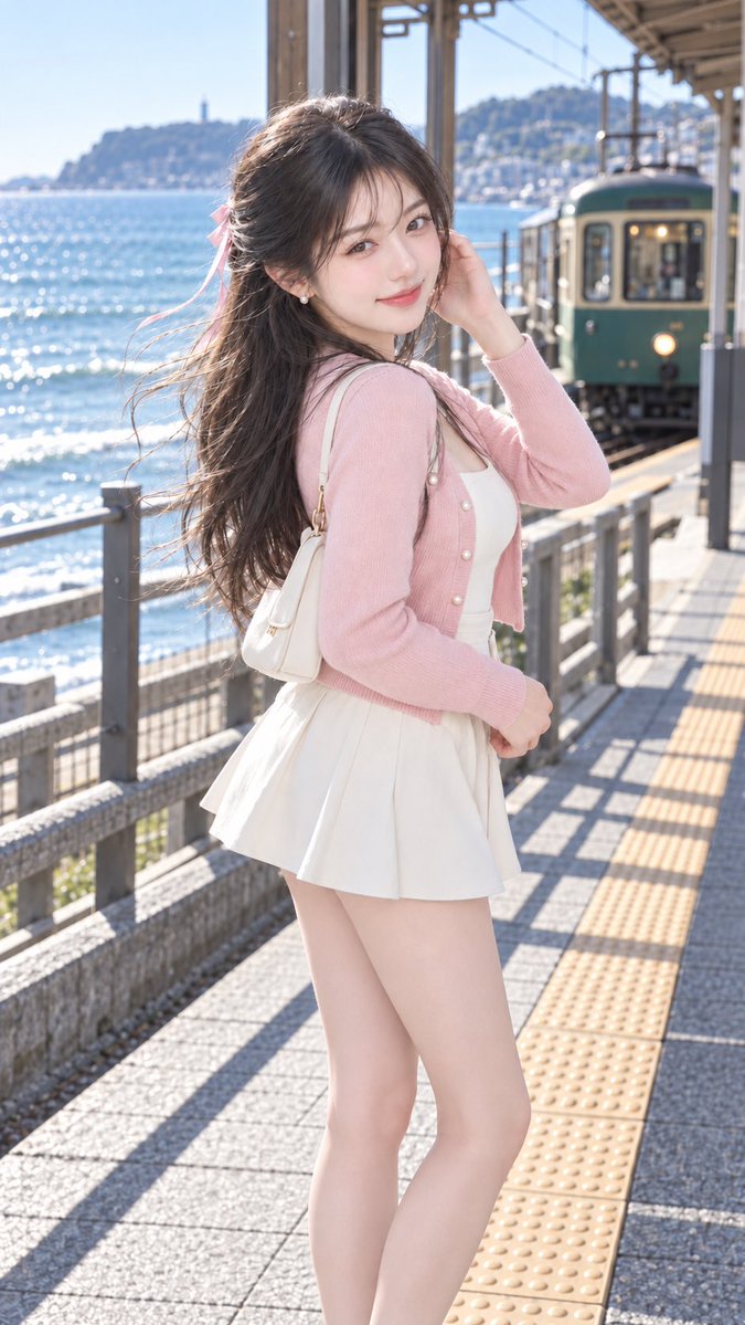 Young woman in pink cardigan turns back at seaside tram station