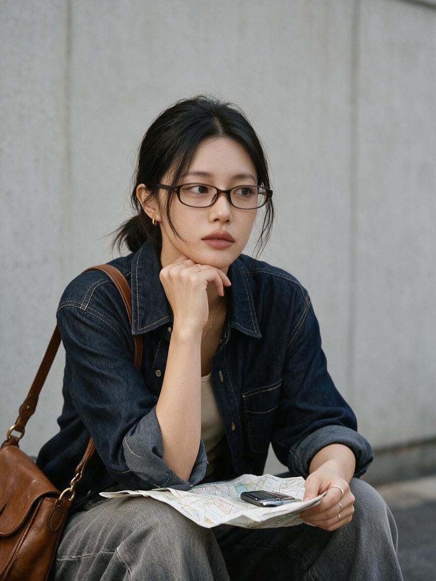 Woman Studies Folded Map Against Gray Wall in Candid Street Portrait