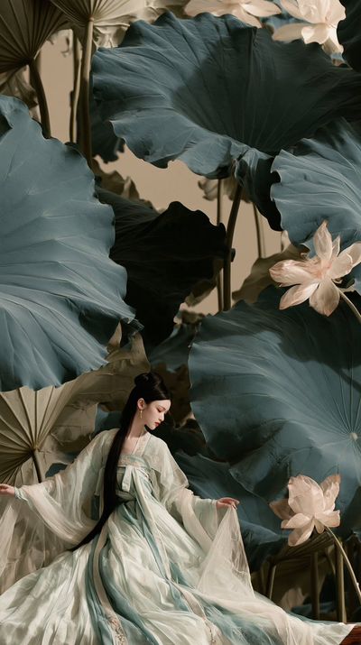 Serene Hanfu Woman Stands Amid Monumental Lotus Leaves in Haze