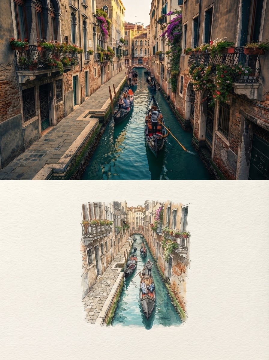 Sunlit Venetian Canal Scene Mirrored in Watercolor and Ink Sketch