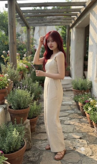 Crimson-haired woman in beige linen touches lavender beneath pergola.