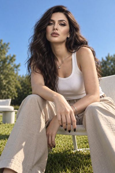 Woman in white tank top sits on chair in sunny field