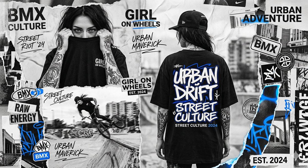 Tattooed BMX rider dominates layered streetwear collage poster