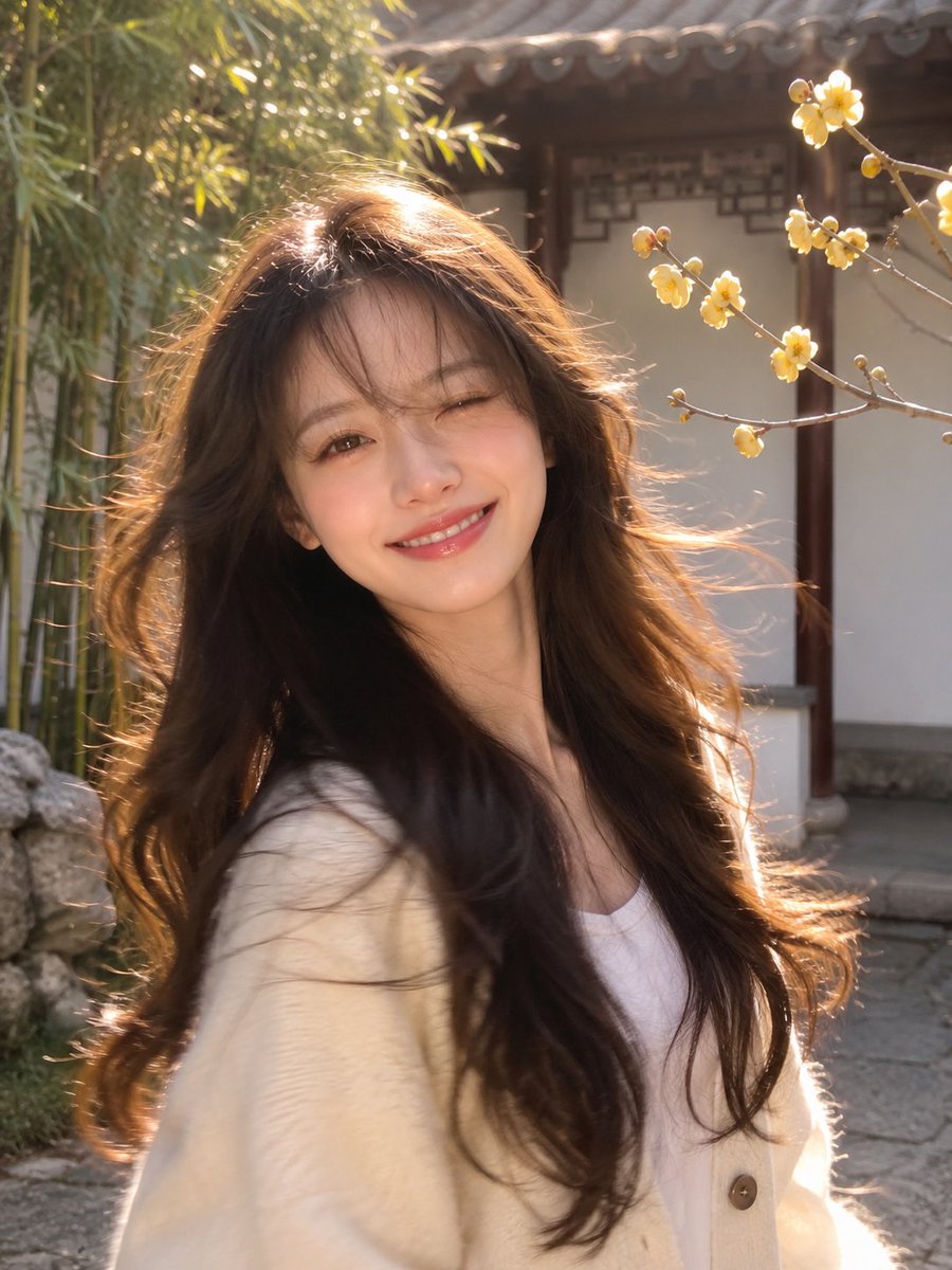 Young woman winks playfully in golden sunlight with flowing hair