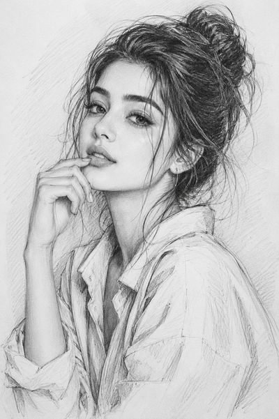 A delicate pencil sketch captures a woman touching her lips softly