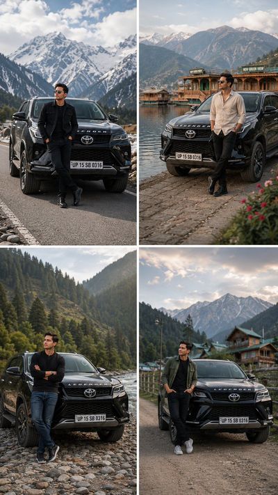 Ethan poses with his black Fortuner in snowy Sonamarg