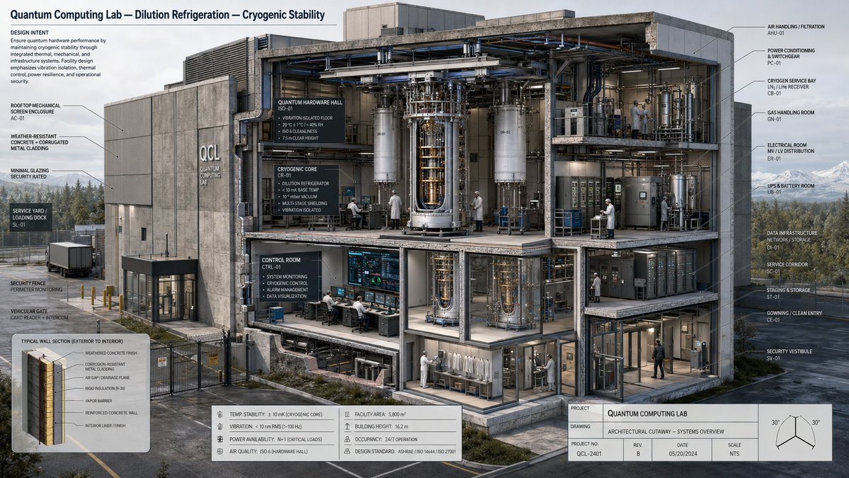 A weathered concrete quantum lab cutaway reveals cryogenic interior details