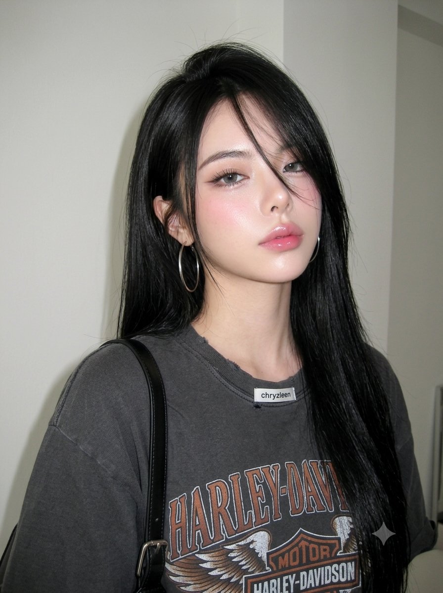 Soft Korean Glam Portrait with Grey Contacts and Tilted Head