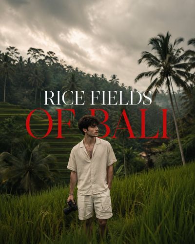 A young traveler pauses amid Bali's misty rice fields