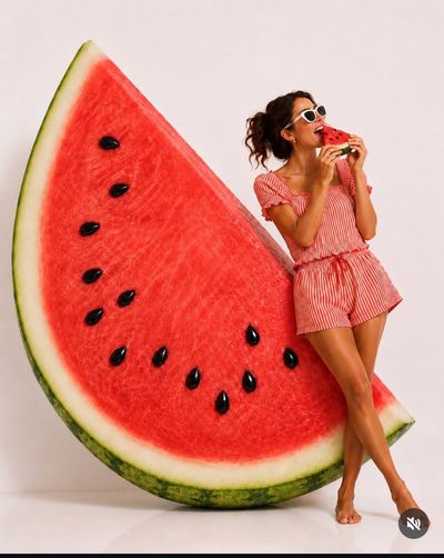 A young woman bites a giant watermelon slice in a bright studio.