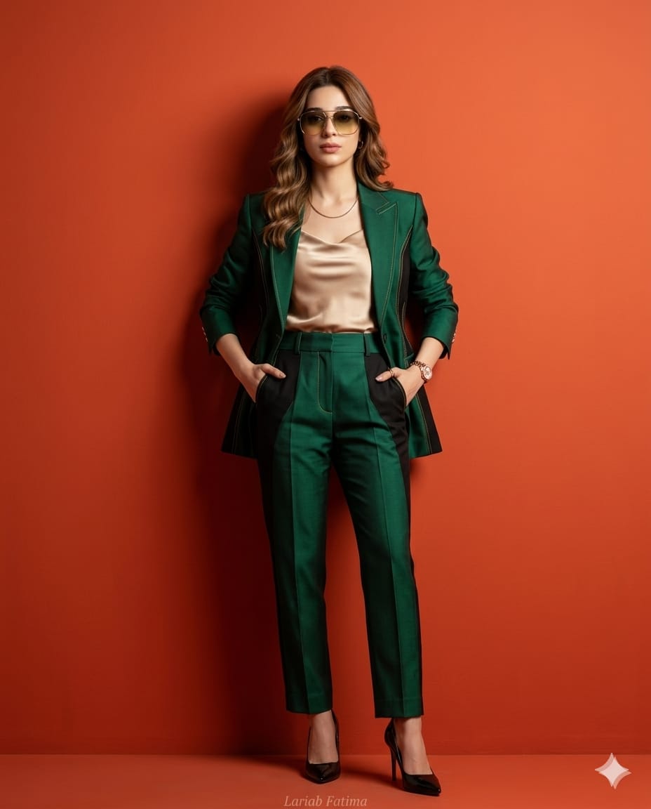 Hyper-Realistic Fashion Portrait with Emerald Silk-Wool Suit