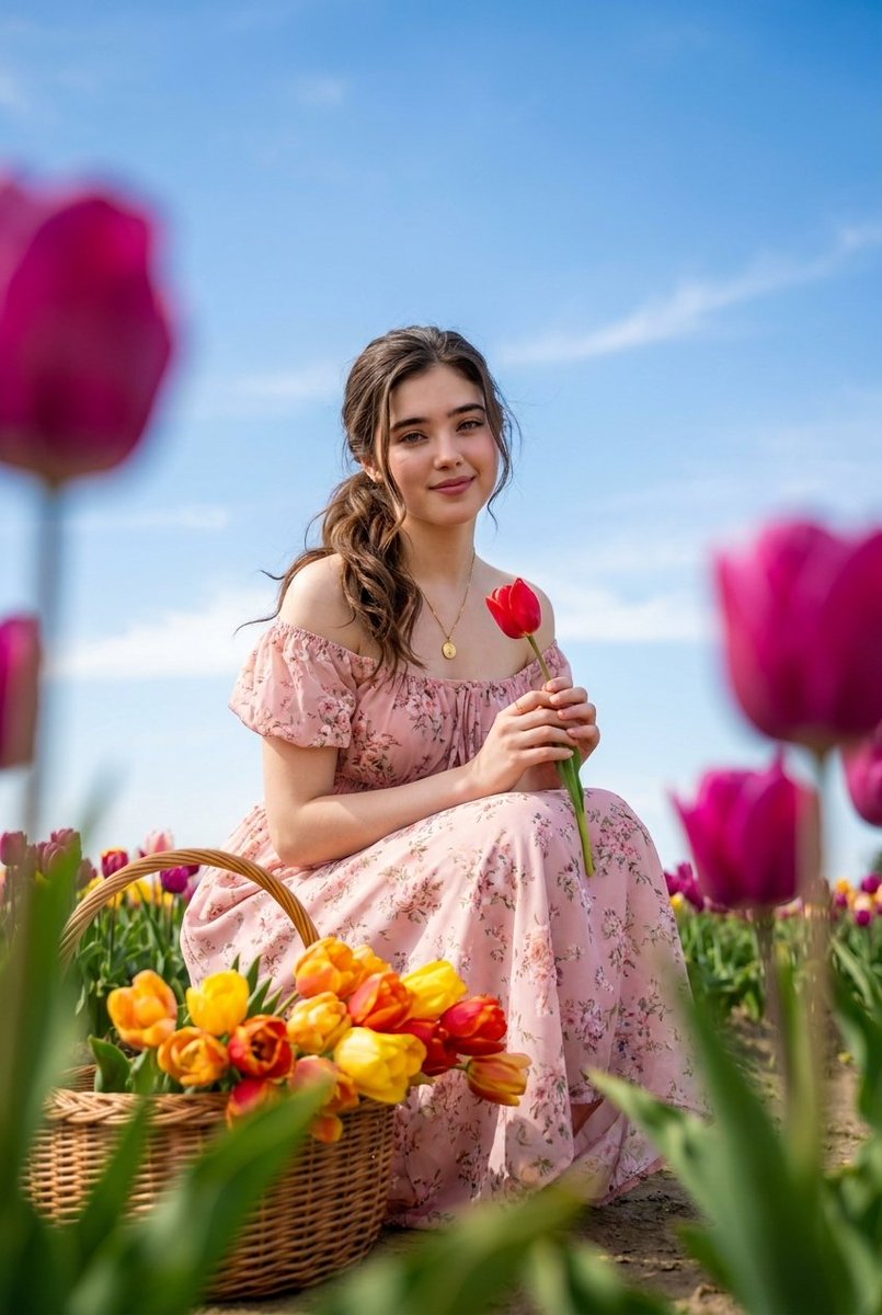 Tulip Field Serenity with Floral Elegance