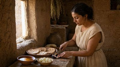 An unveiled woman prepares figs and flatbread in a mud-brick kitchen