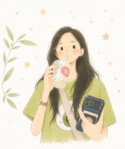 A doll-like girl dances under soft starry pastel sky