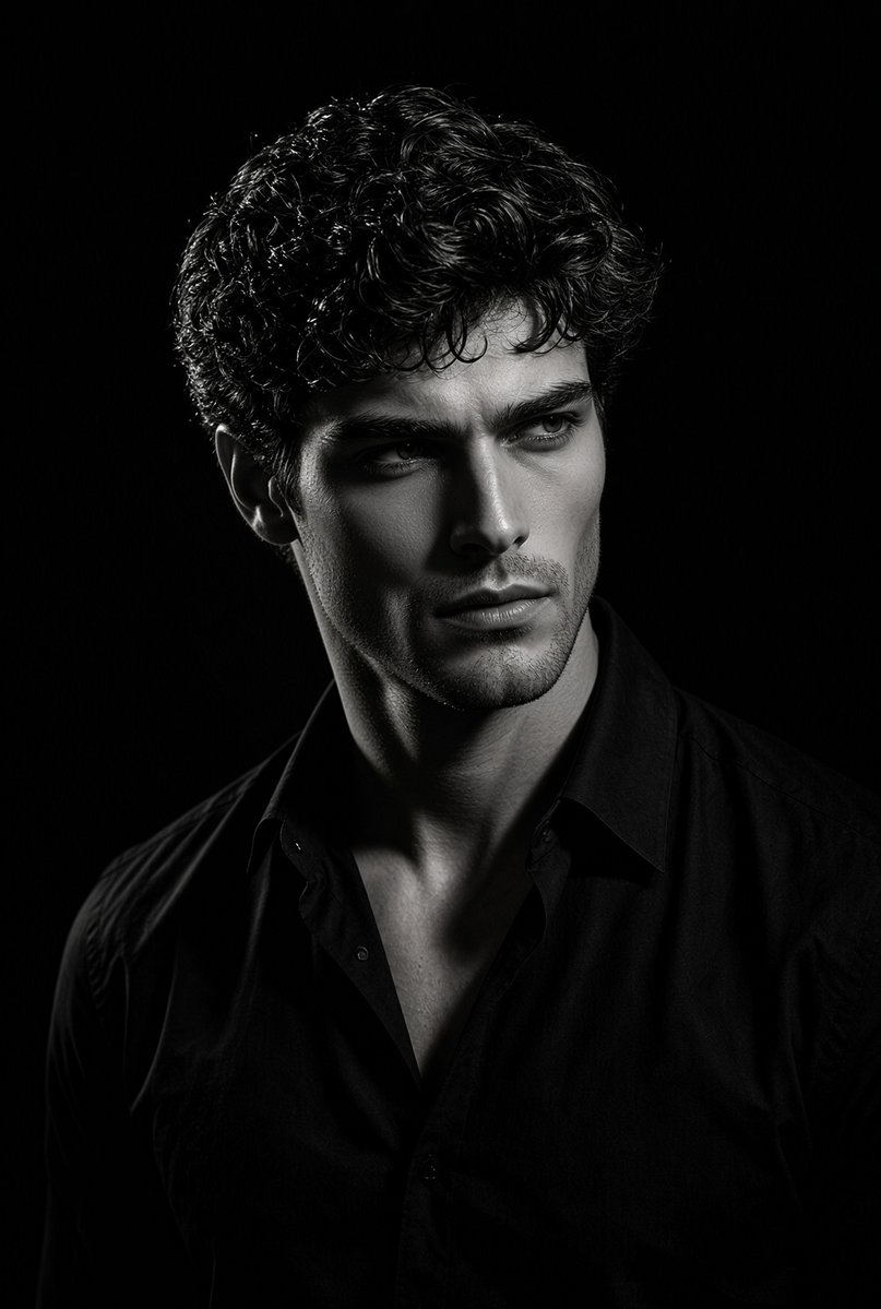 Sharp shadows sculpt a man's intense gaze in monochrome